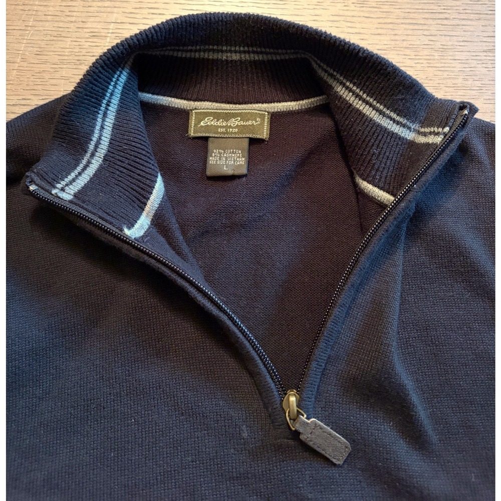 Eddie Bauer Mens Navy Blue Cotton Cashmere Quarter Zip Sweater Large Mock Neck - Picture 3 of 10